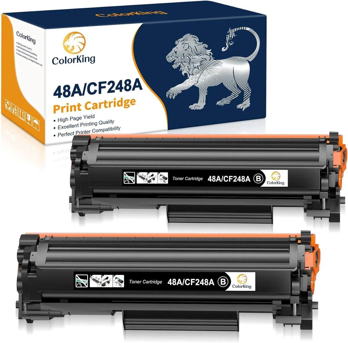 Two sealed black toner cartridges in white packaging