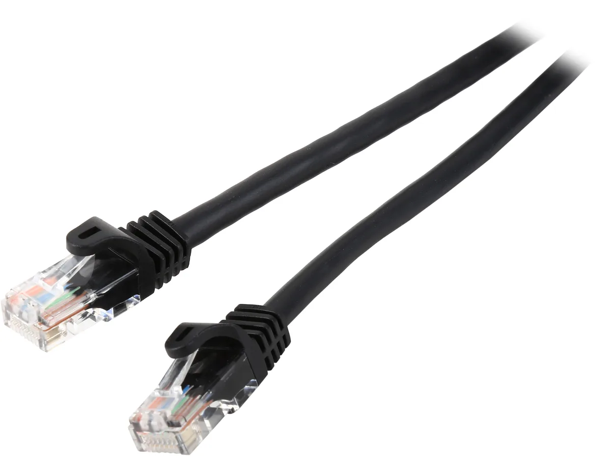 Black 10 ft Cat5e snagless patch cable with RJ45 connectors