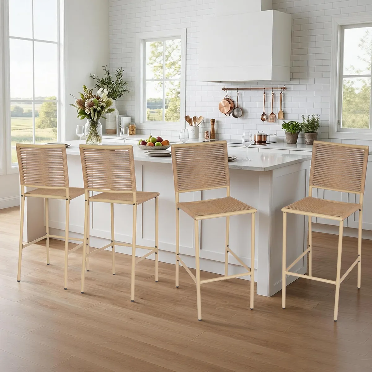 VANBOW VANBOW 30" Counter Height Armless Rattan Barstool Metal Frame Set of 4 Yellow — product photo