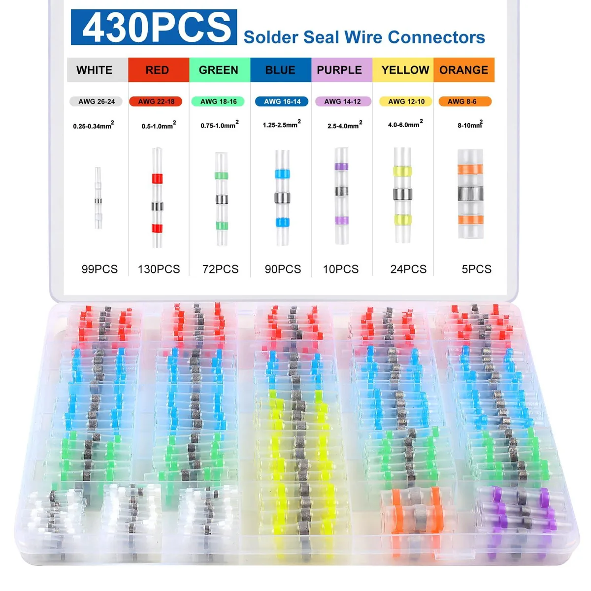  Cooclensportey 430PCS Solder Seal Wire Cap Connectors IP67 Waterproof 26-6 AWG — product photo
