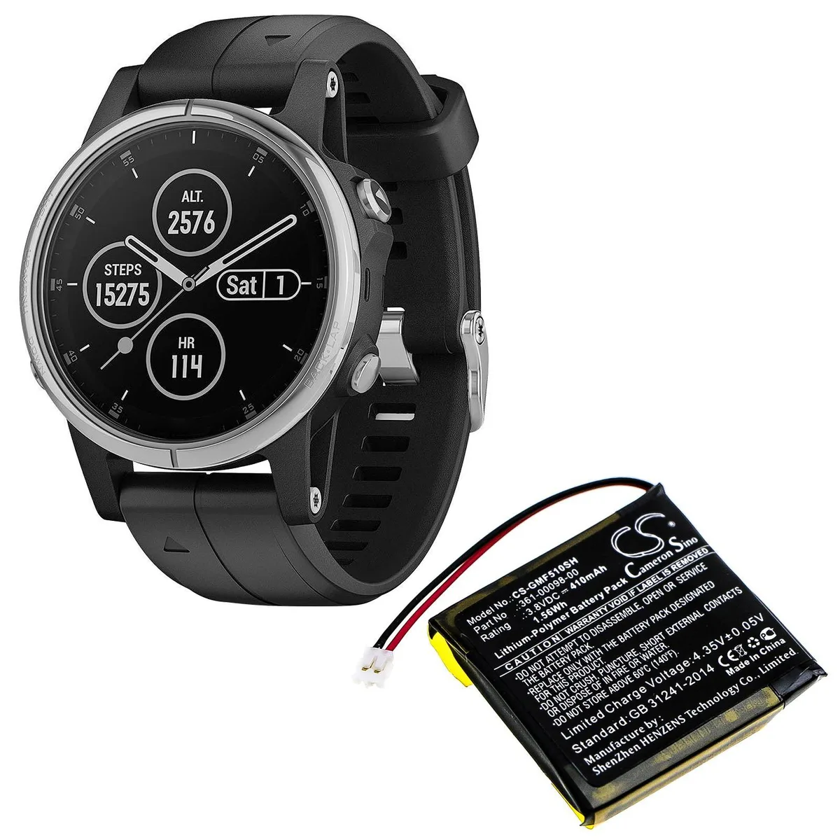 Small rectangular replacement battery with black plastic casing and gold contacts