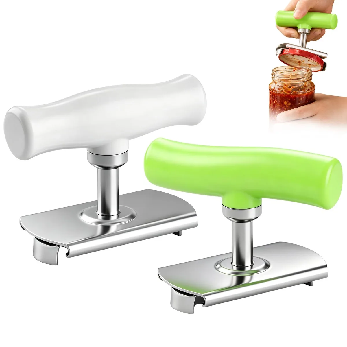 Two stainless-steel jar openers with white and green handles, adjustable clamps, ergonomic grip
