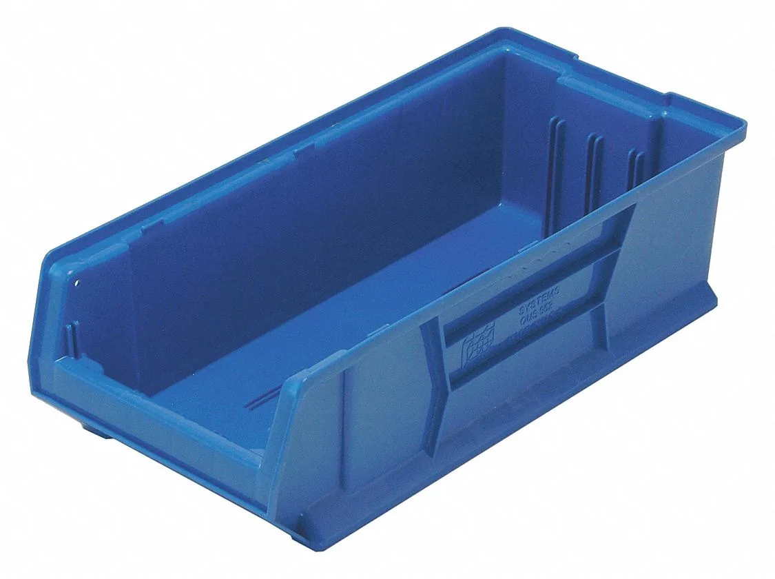 Blue rectangular plastic storage bin with open top and divider slots