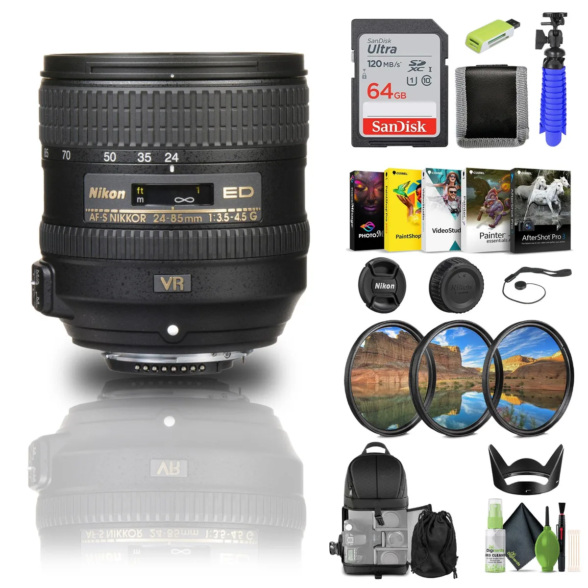 Nikon Inc Nikon AF-S NIKKOR 24-85mm f/3.5-4.5G ED VR Lens 2204 Bundle 64GB Card Filters — product photo