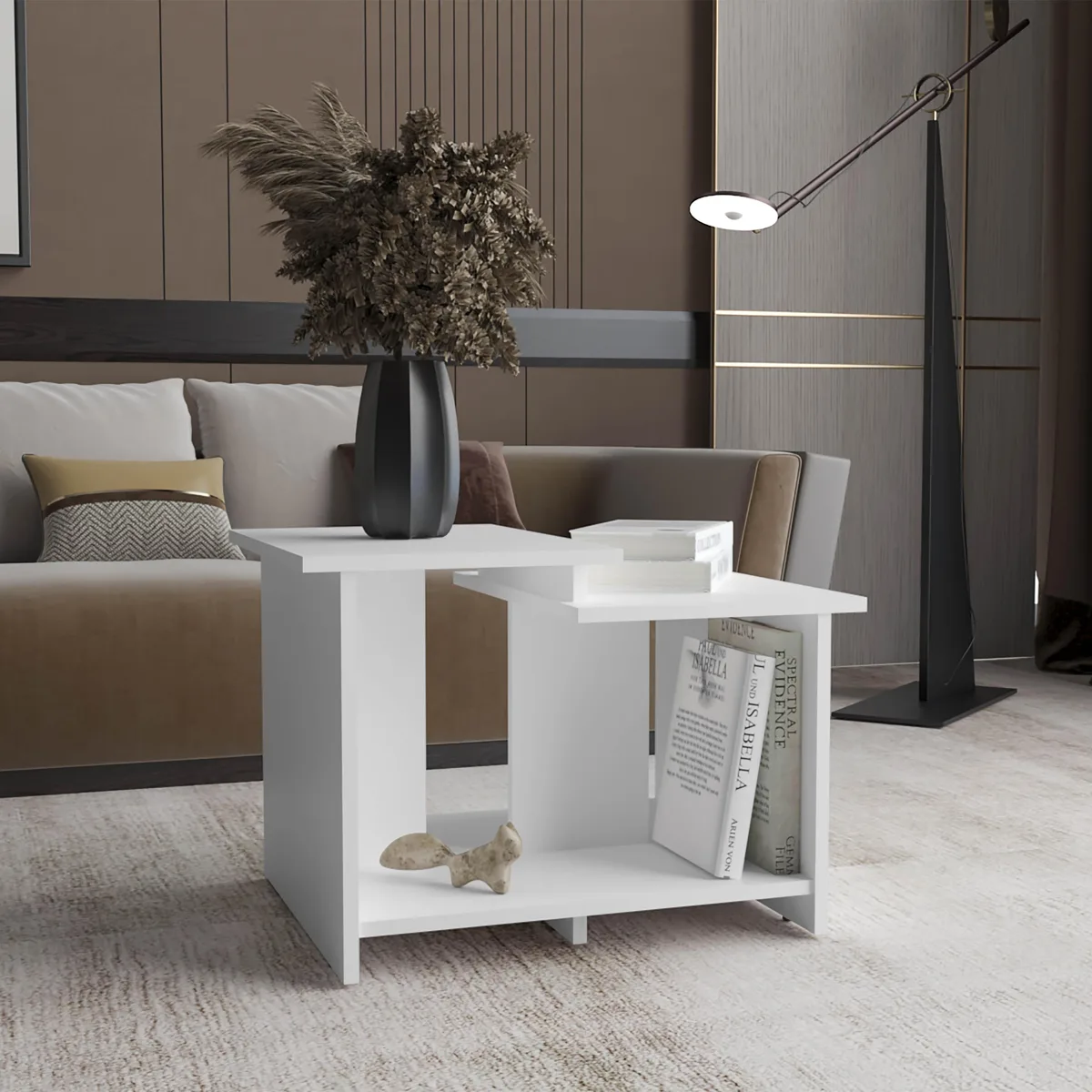 White rectangular coffee table with open lower shelf, particle board construction