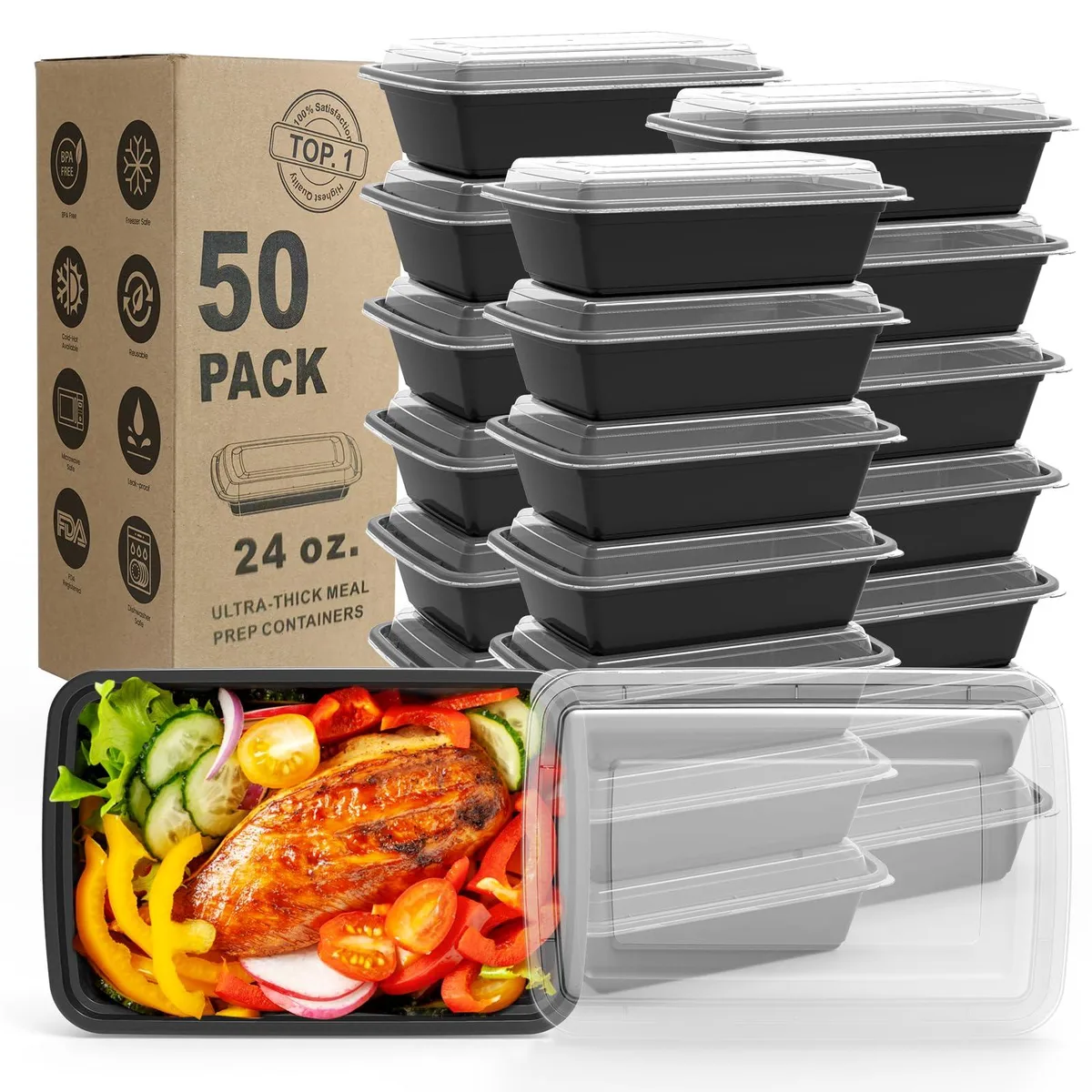 Stack of 50 black rectangular 24 oz containers with lids
