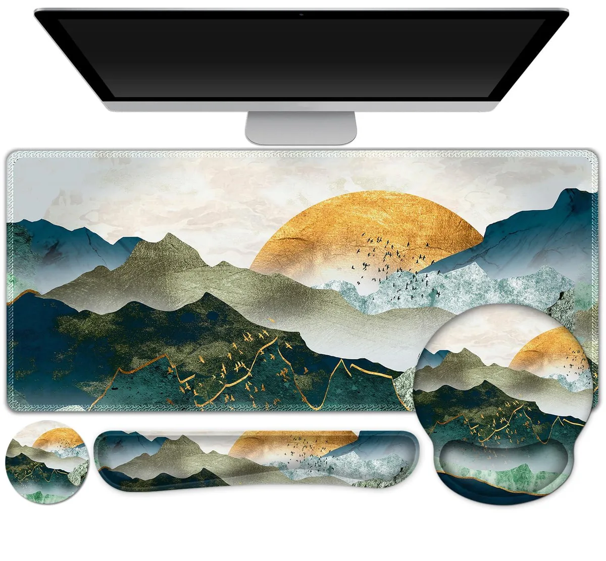 Green mountain desk mat with keyboard wrist rest, mouse wrist rest and coaster