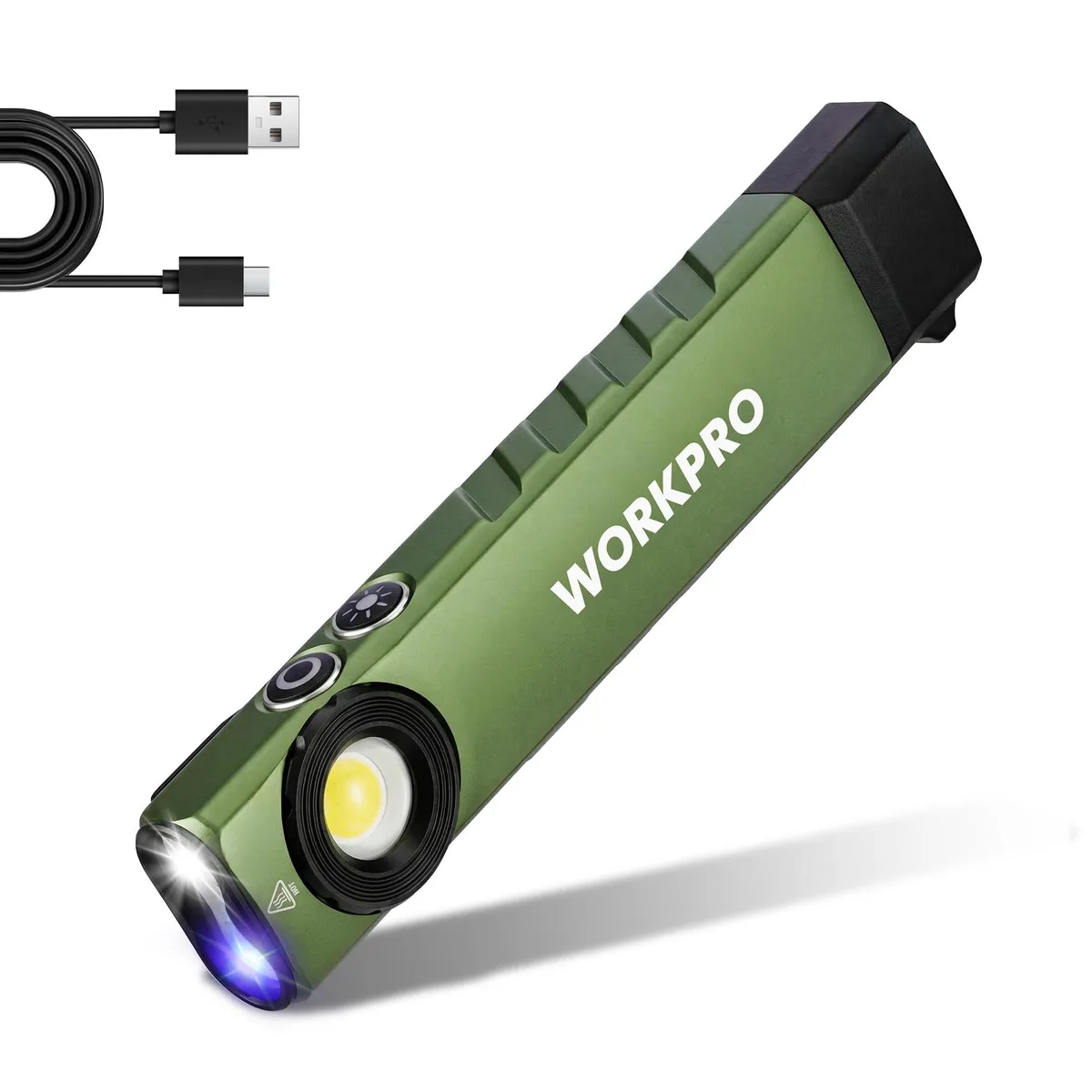 Flat green flashlight with magnetic base and pocket clip