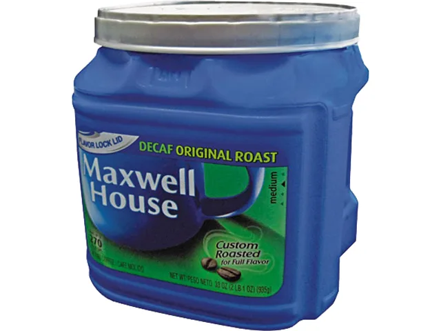 Blue metal can of Maxwell House decaf ground coffee, 29.3 oz