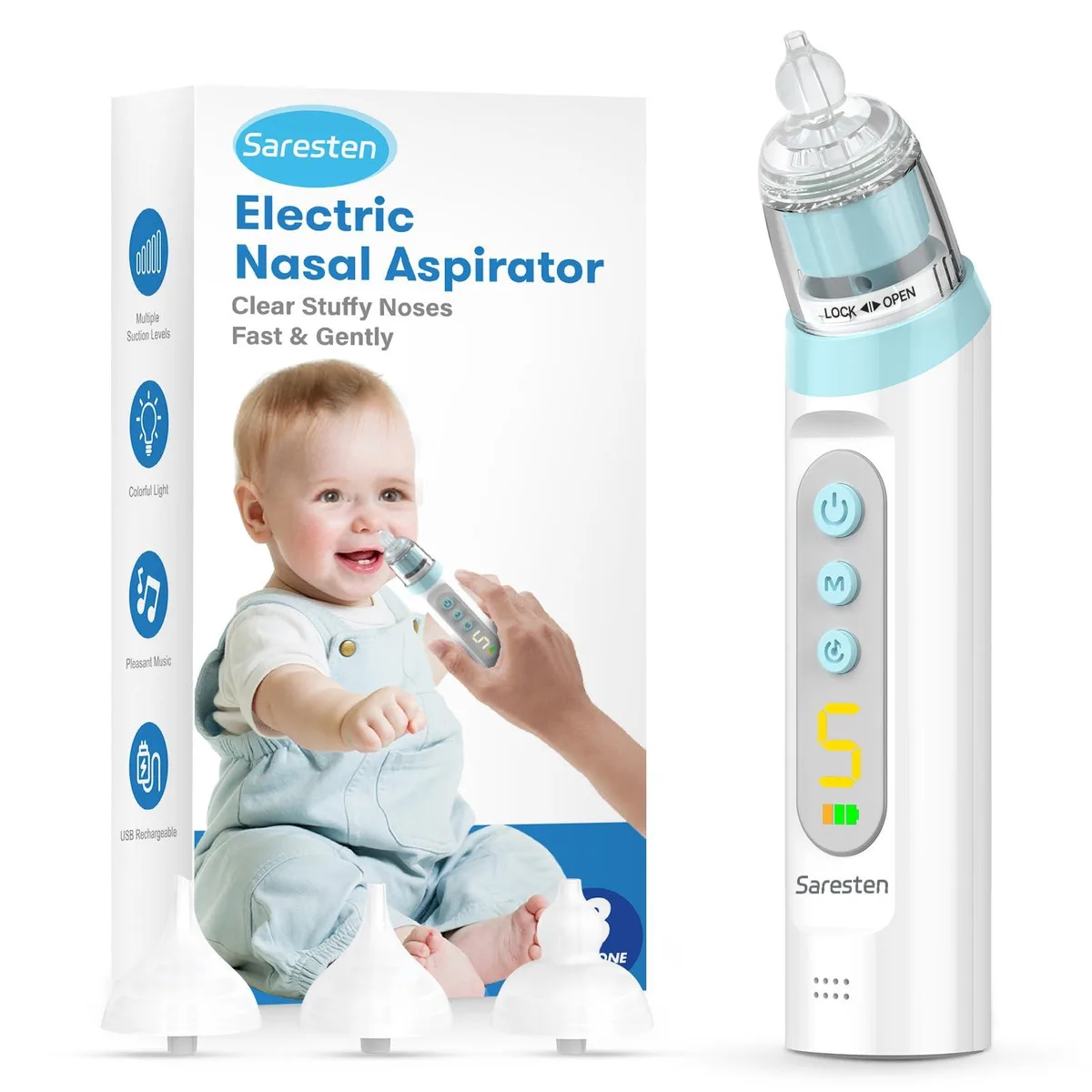 Blue handheld nasal aspirator with silicone tip and charging port