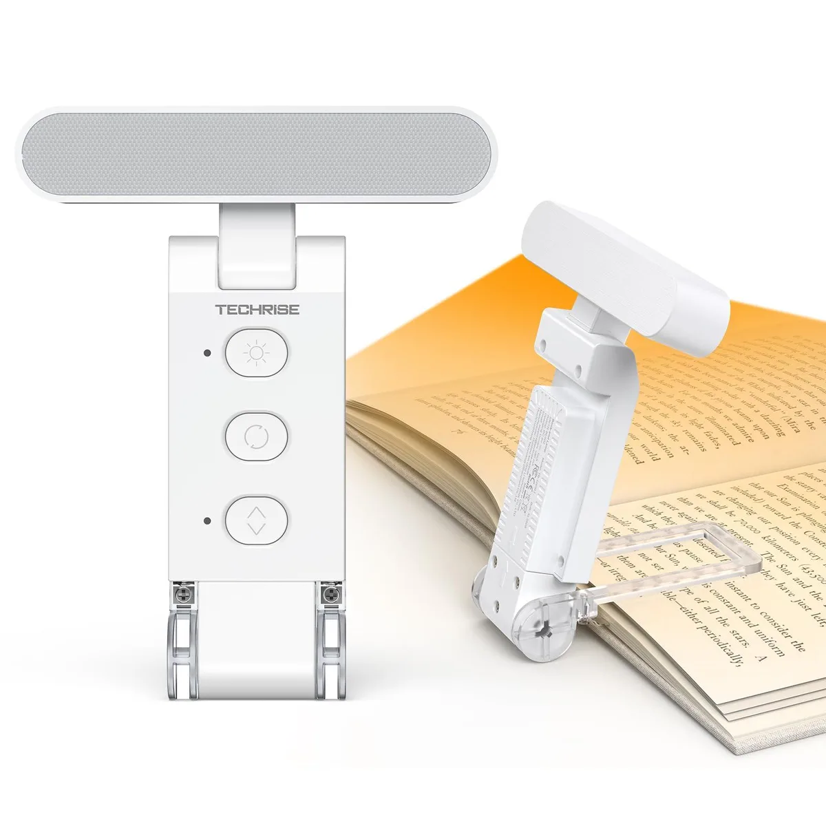 Rectangular clip-on book light with 12 LEDs, USB-C charging, five colour temperatures and six brightness levels