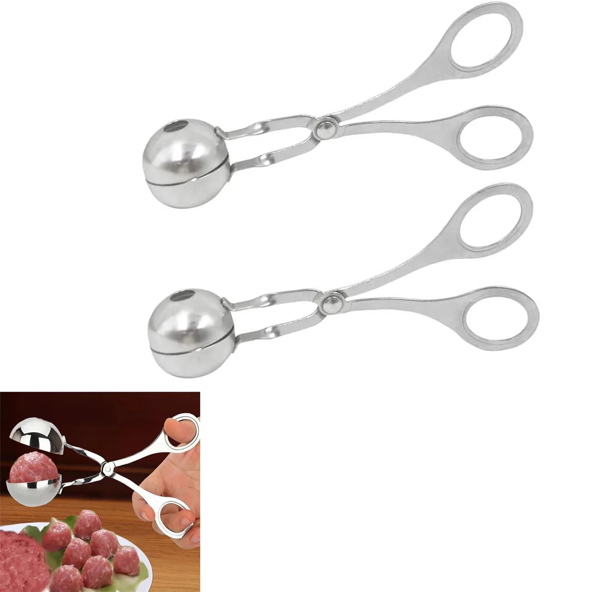 Two polished stainless steel meat ballers with riveted handles, each forming 1.38 inch spheres