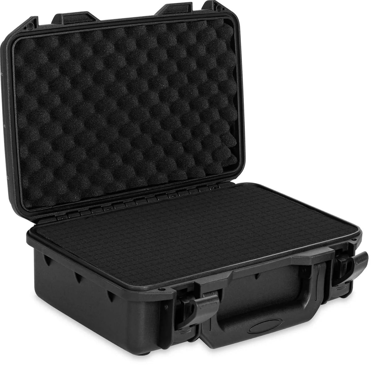 Black hard-shell carrying case with customizable foam interior and sliding-lock latches