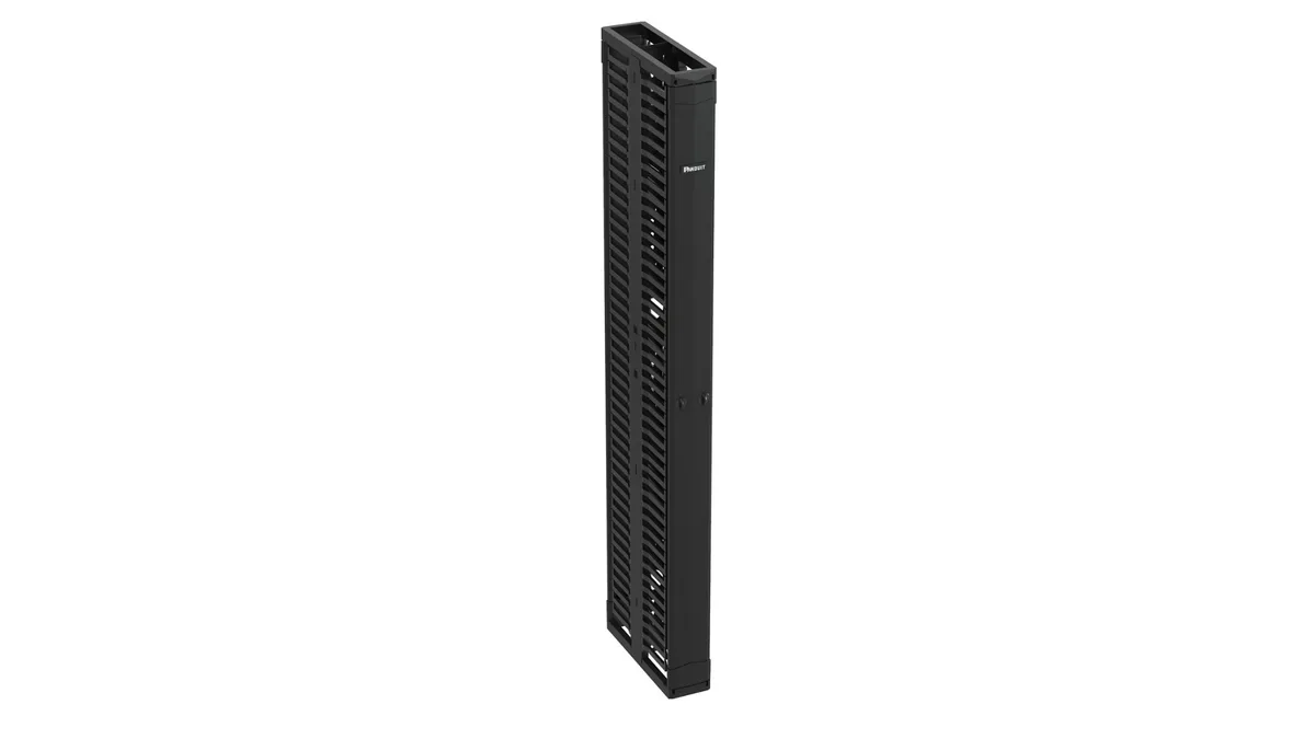 Tall black vertical cable manager with dual hinged doors, steel frame and ABS fingers, 6 inches wide, 45 RU