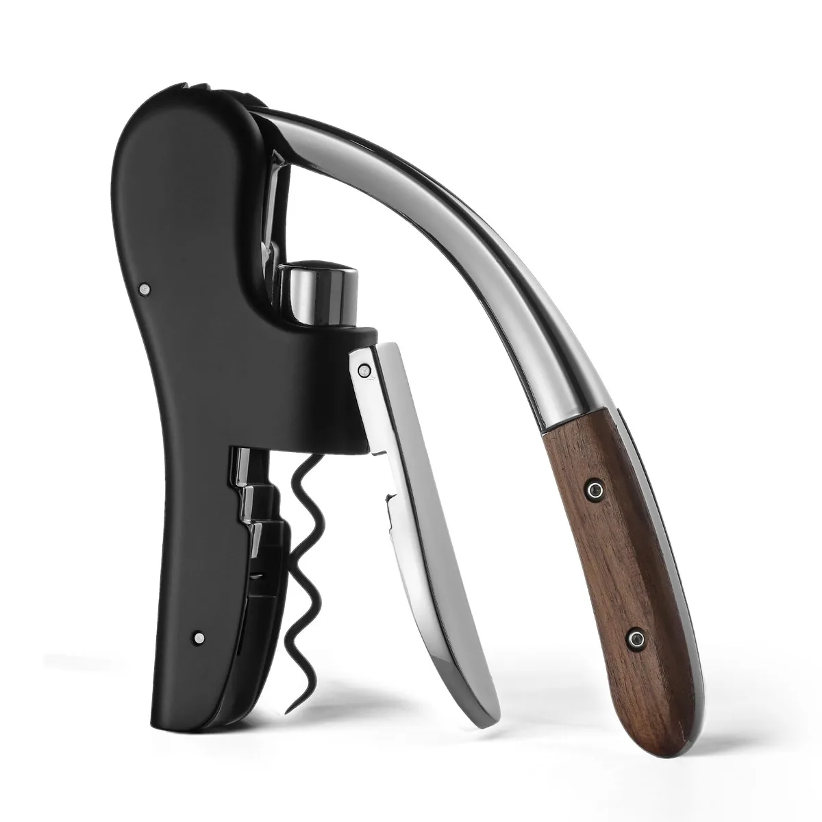 Silver vertical lever corkscrew with foil cutter, zinc alloy body, ergonomic handle