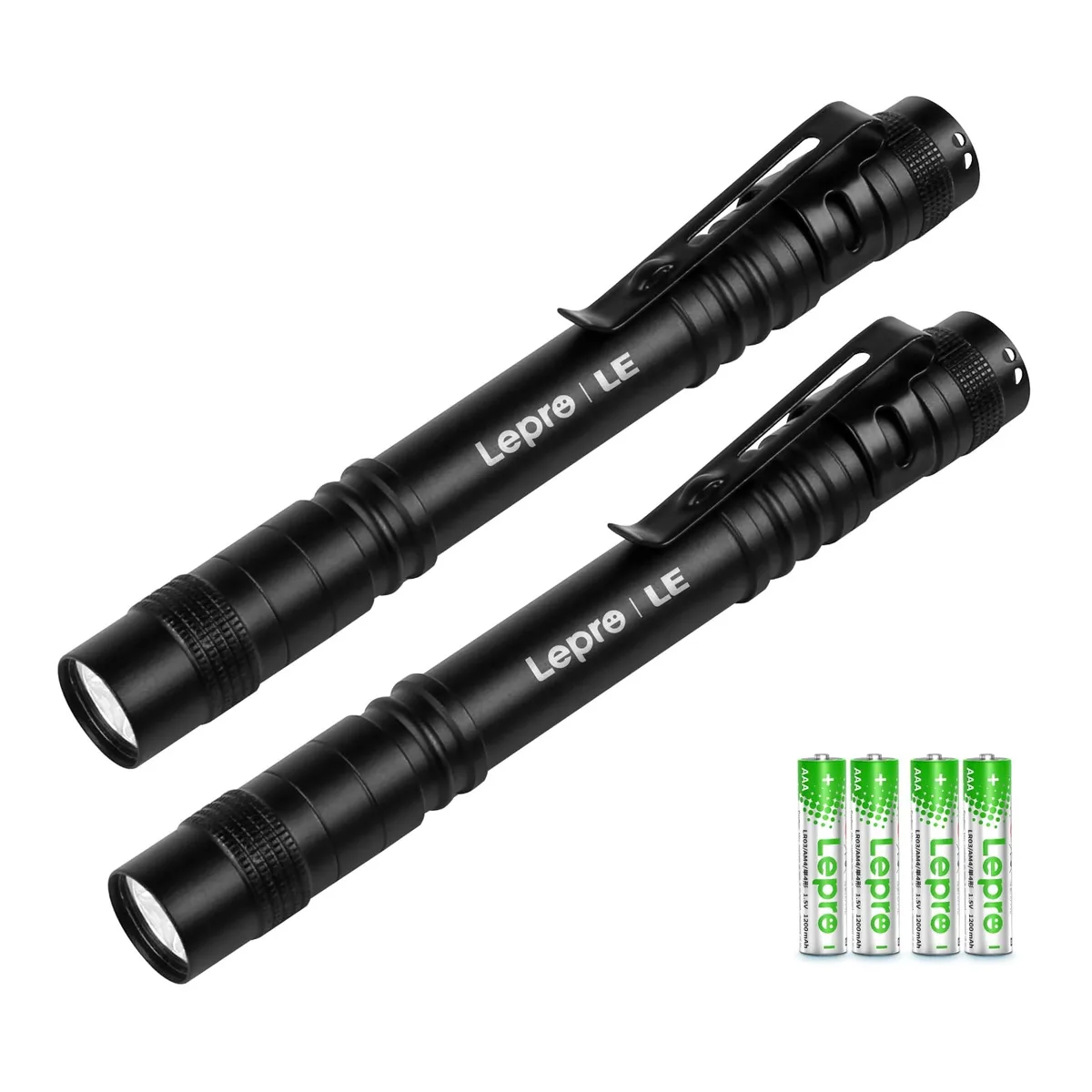 Two silver aluminium pen flashlights with pocket clips side by side