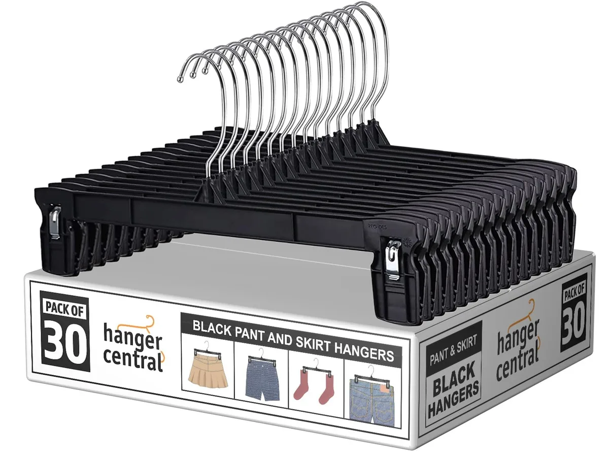 Black plastic pants hangers with ridged clips and chrome swivel hooks, 30 pack
