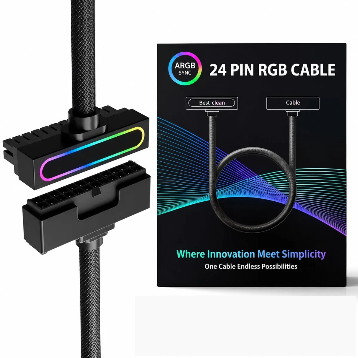  XPRETOER 24Pin Motherboard Power Extension Cable with ARGB 90-Degree 30cm — product photo