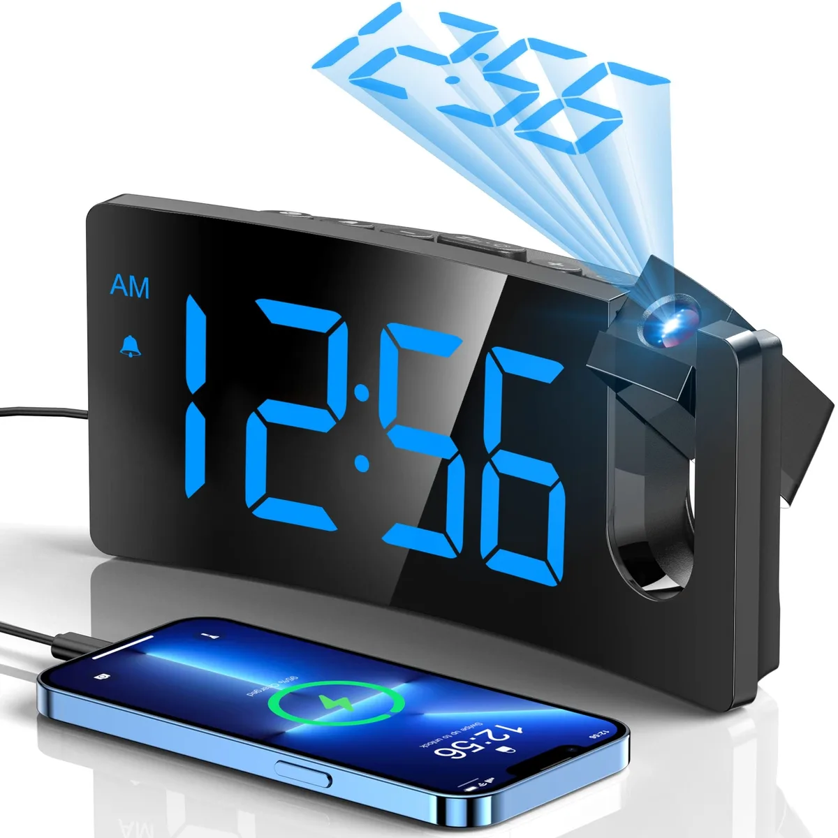 Blue curved digital clock with 180° rotatable projector arm, 3.4in display, 6.9in wide