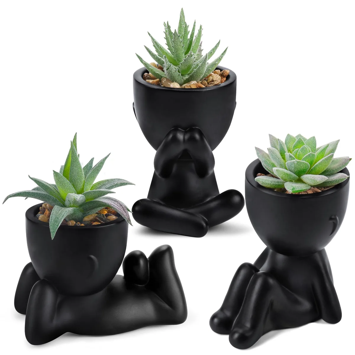 Three small black human-shaped pots with flocked finish holding artificial succulents, each about 5.1 inches tall