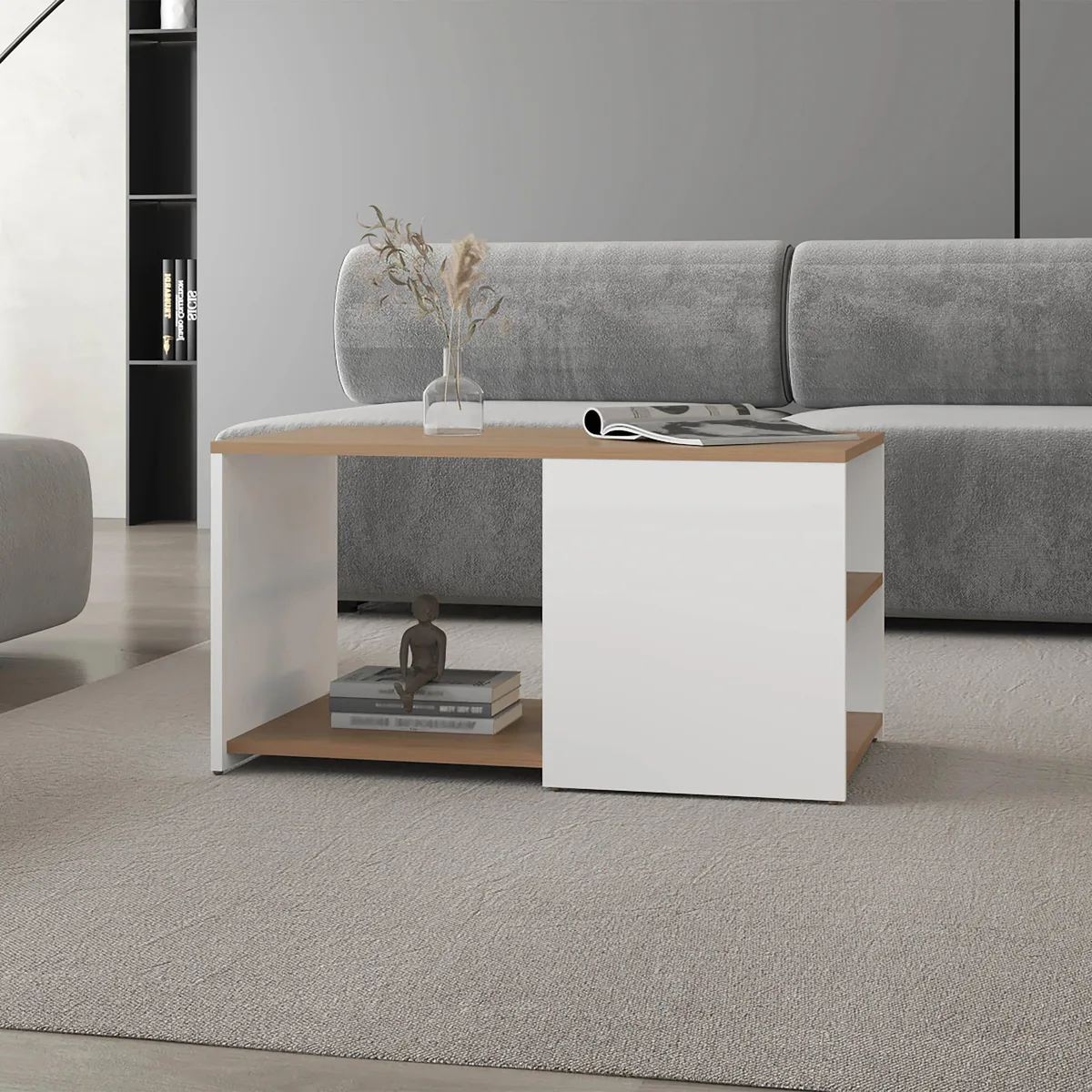 White and natural oak occasional table with two open shelves and conical legs