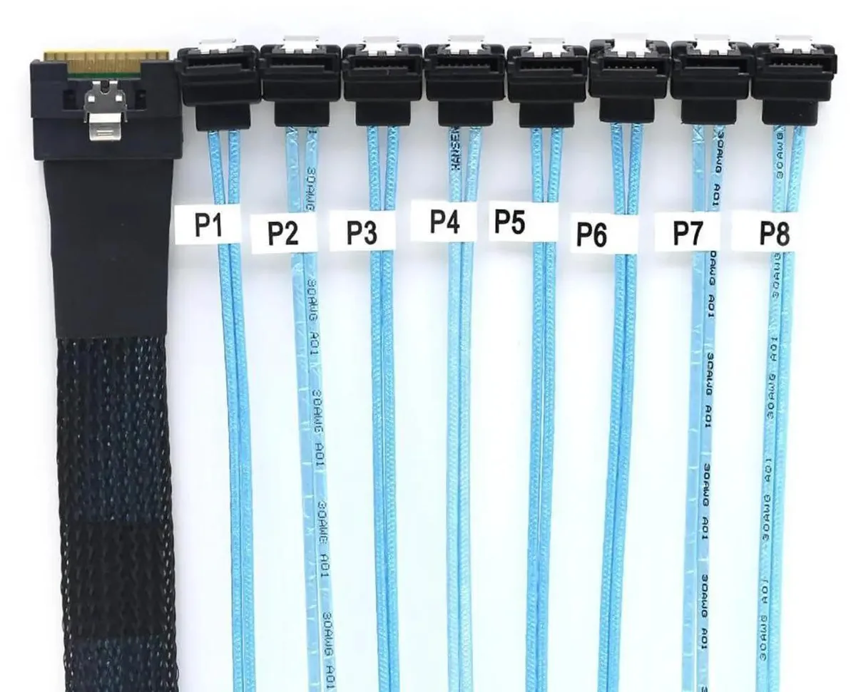 SMUGDESK SMUGDESK SFF8654 8i to 8 Port 90 Degree SATA Cable .5M 24Gbps — product photo