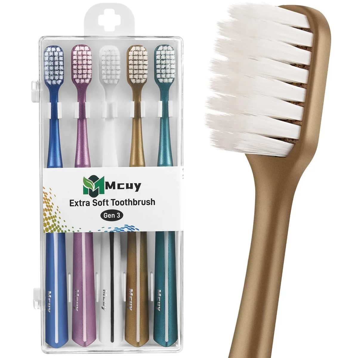 Five manual toothbrushes in assorted colours with ultra-fine bristles and non-slip handles