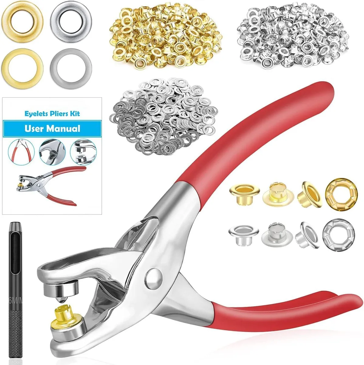 Klein Tools 803-piece grommet kit with handheld pliers and metal eyelets