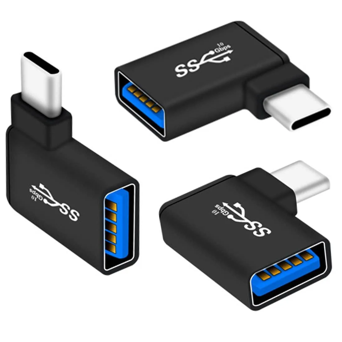 Three black right-angle USB-C to USB-A adapters with metallic finish