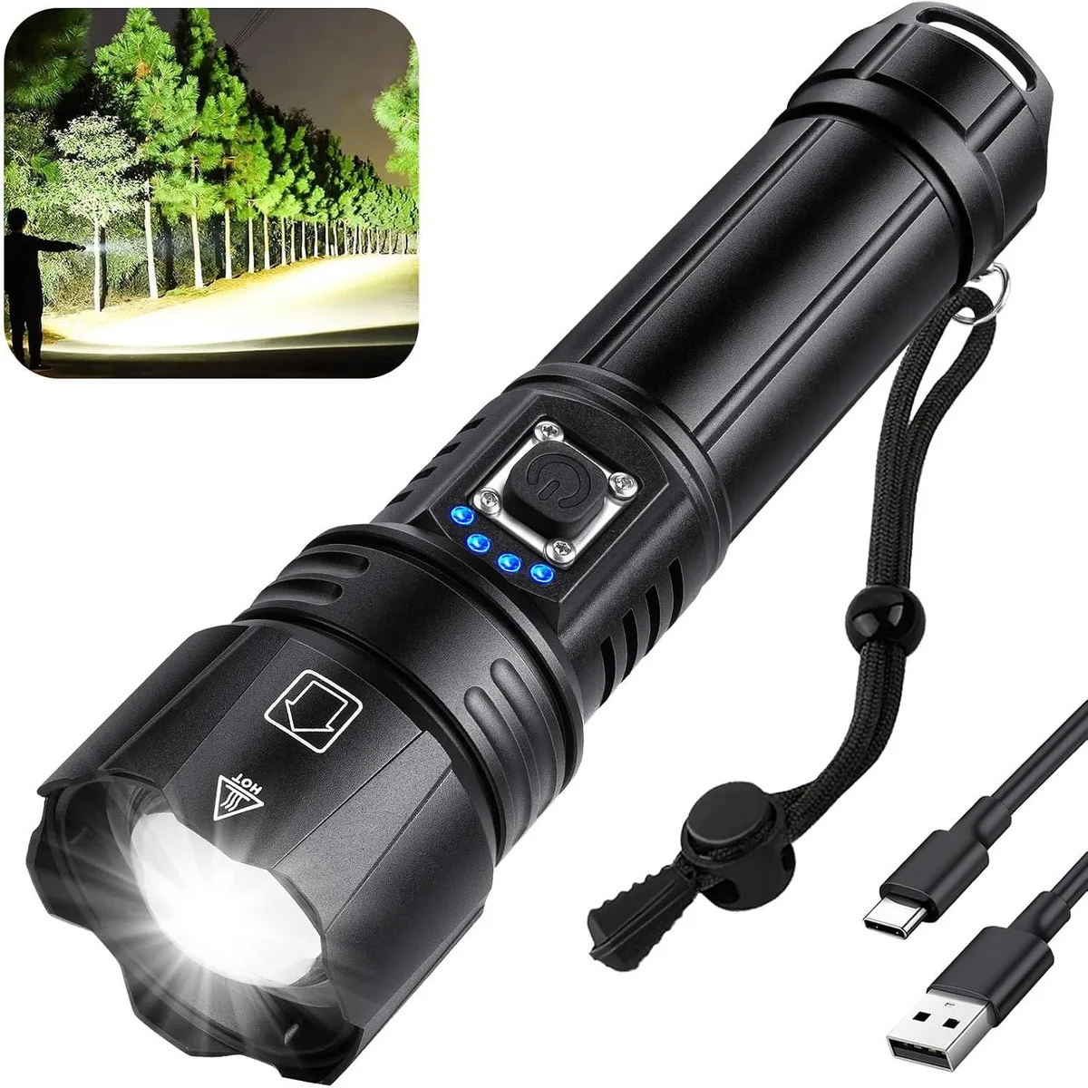 Cylindrical black handheld flashlight with textured grip and four blue power indicator lights