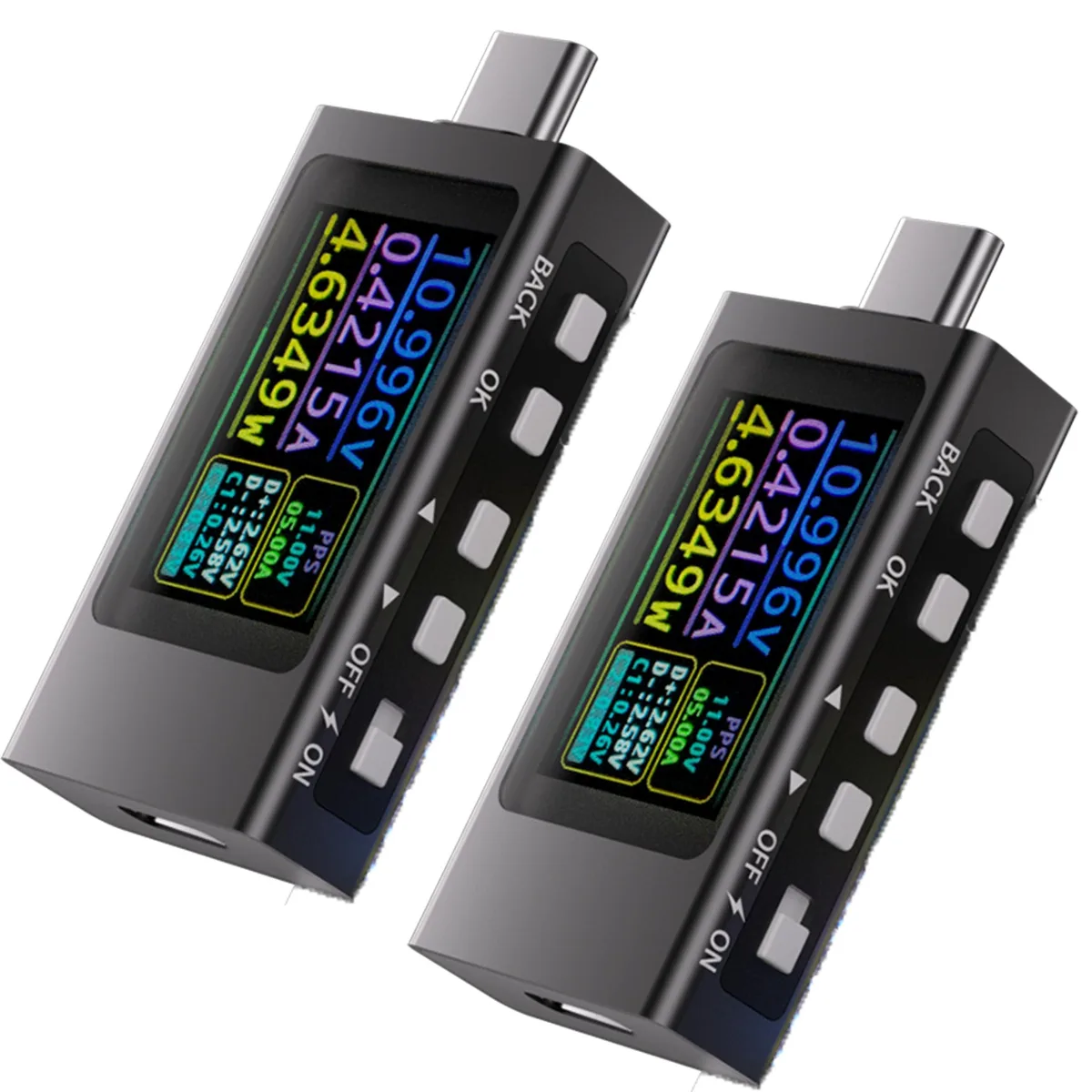 Two compact USB-C power meters with LCD screens, rectangular matte finish, 3.5 by 3.5 by 1 inches
