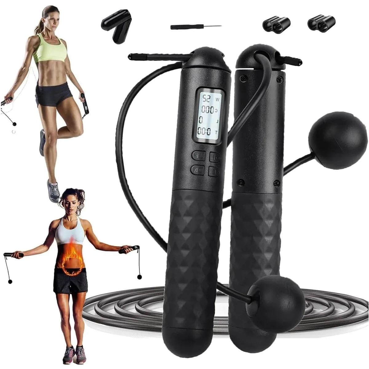 Black cordless jump rope with weighted gravity balls and digital counter on 17.5cm handles