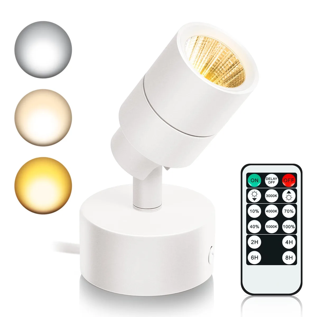 White cylindrical LED spotlight with clear prismatic lens and remote control
