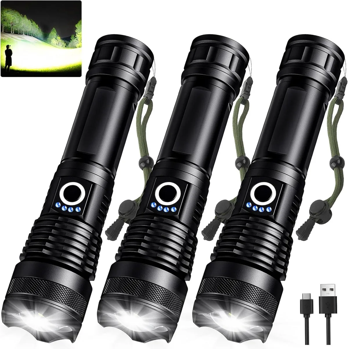 Three cylindrical rechargeable LED flashlights with USB cable
