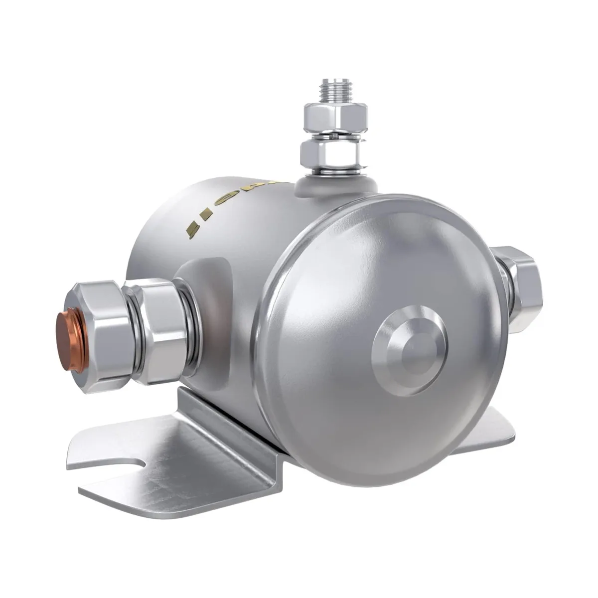 Silver cylindrical solenoid relay with three terminal studs and mounting bracket