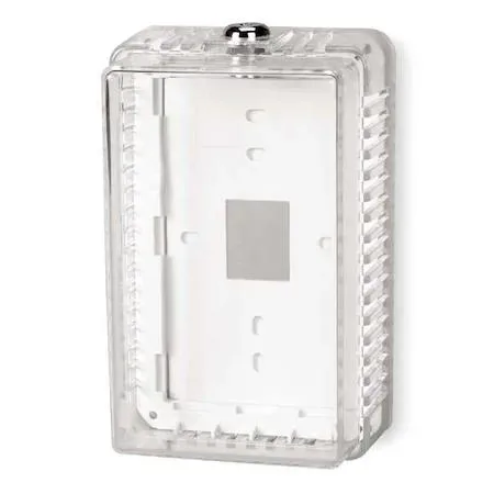 Clear plastic thermostat guard with snap-on cover and off-white base, includes two keys