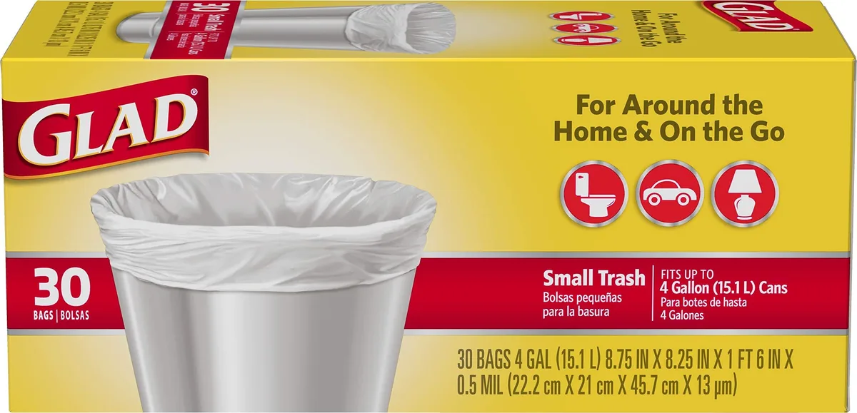 White 4-gallon Glad trash bags, 30-count pack