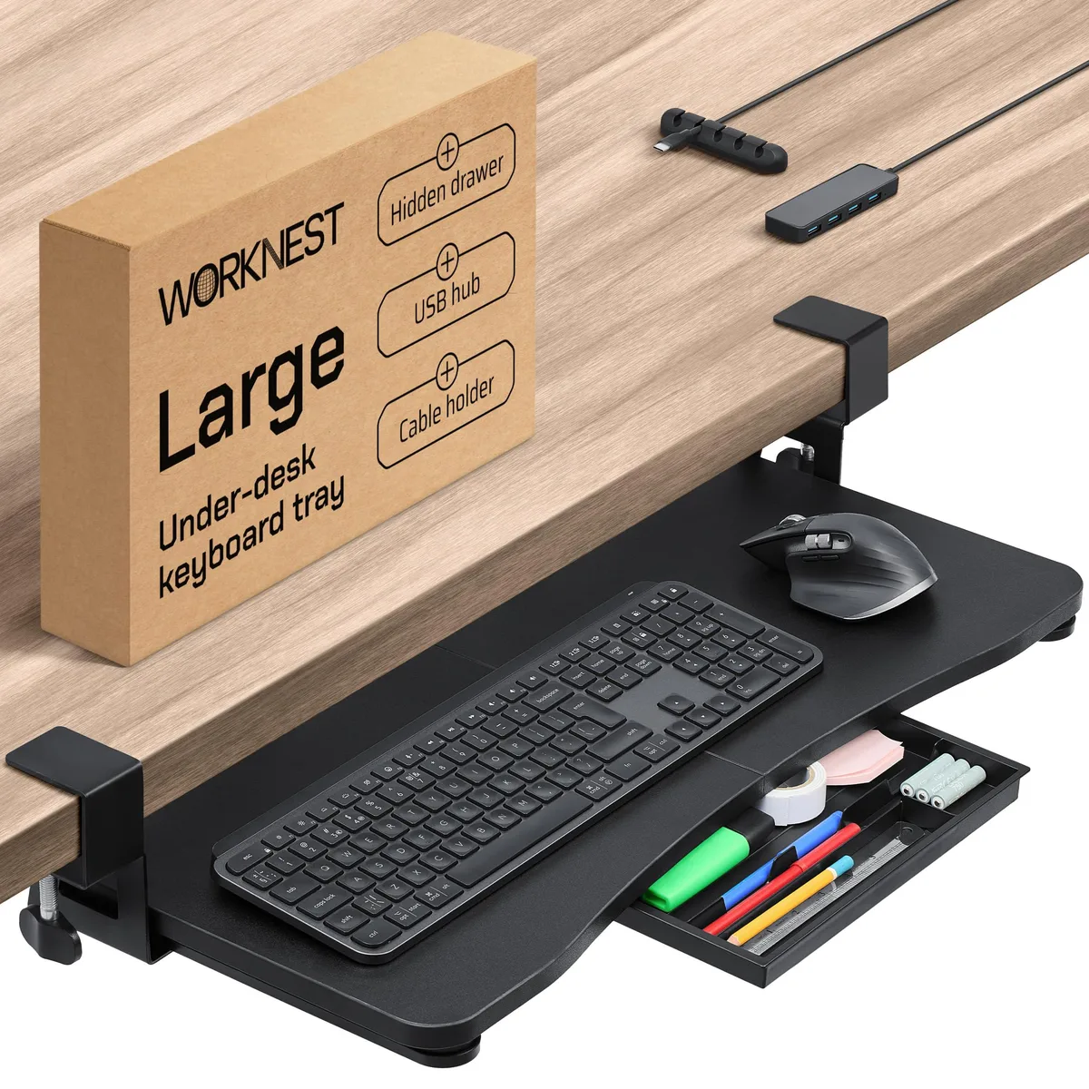 Black under-desk keyboard tray with slide-out drawer, USB-C hub, cable organiser and C-clamps