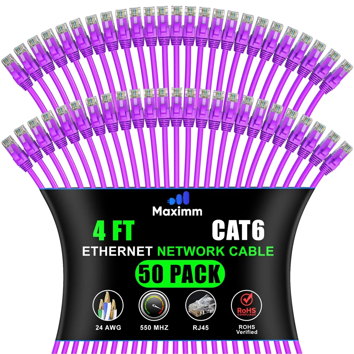 maximm maximm Cat 6 Ethernet Cable 4 Ft 50-Pack Purple UTP 2 in 1 accessory — product photo