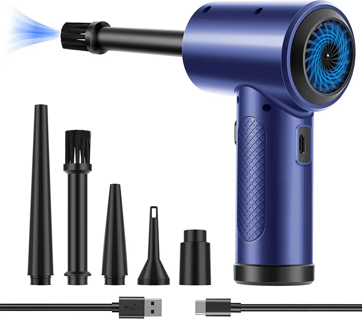 Blue cordless electric air duster with LED light and multiple nozzles