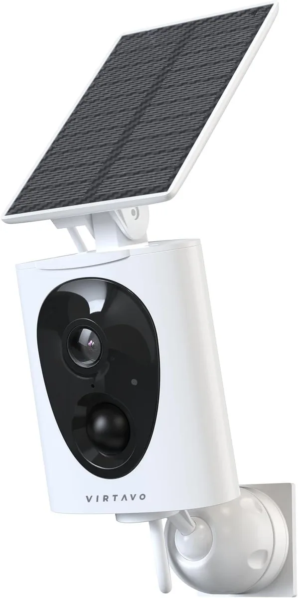 White cylindrical outdoor camera with integrated solar panel on top, weatherproof finish, wall-mount bracket visible