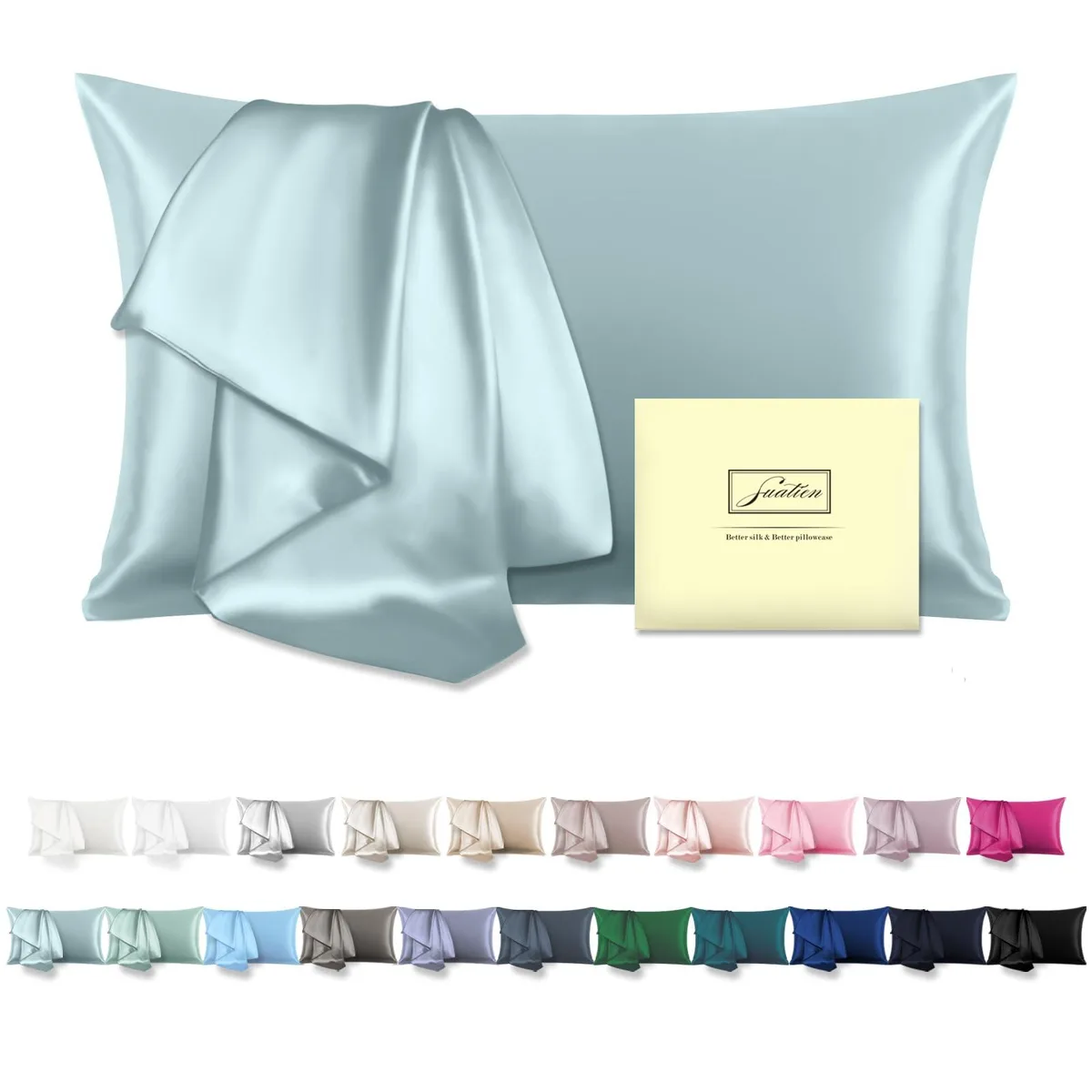 Two haze-blue mulberry-silk pillowcases, 20 by 26 inches, hidden zipper closure