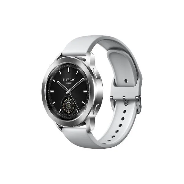 Silver round smartwatch with rubber strap and 1.43 inch AMOLED screen