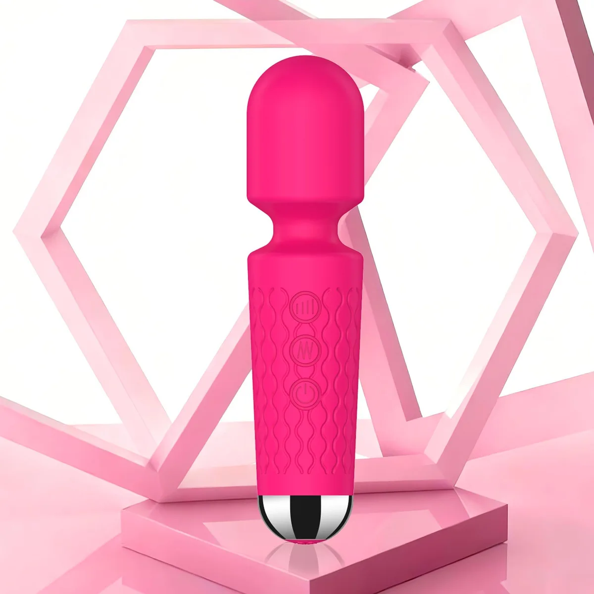 Red handheld silicone massager with flexible neck and USB cable