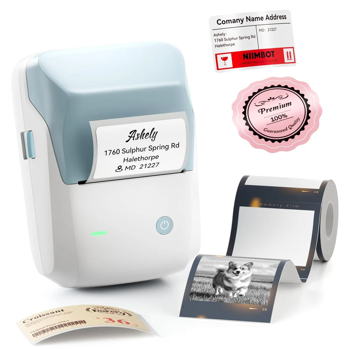 Compact light-blue handheld label printer with a matte finish and a roll slot visible