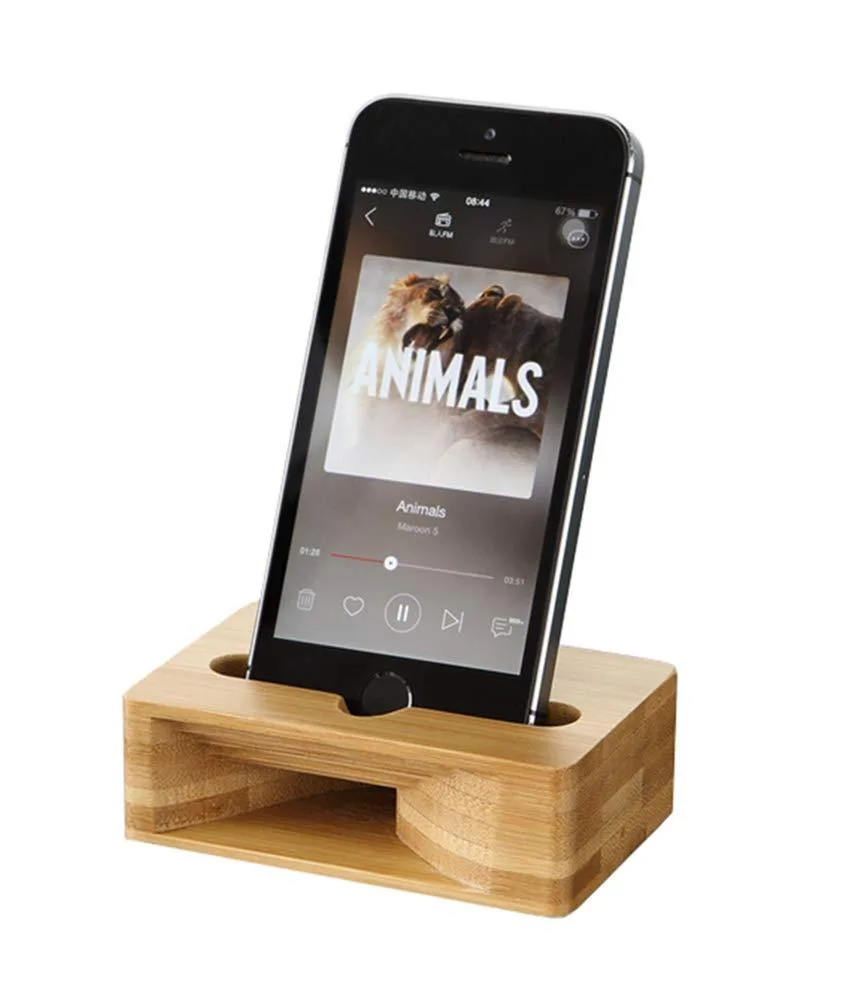 Square wooden phone stand with acoustic slot, natural finish, fits devices up to 85 mm wide