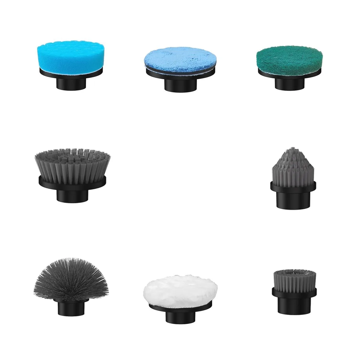 Eight black brush heads including a dome brush for Leebein YMG-820/825 spin scrubber