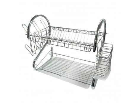 Chrome dish rack with plastic draining tray, mug stand and cutlery holder