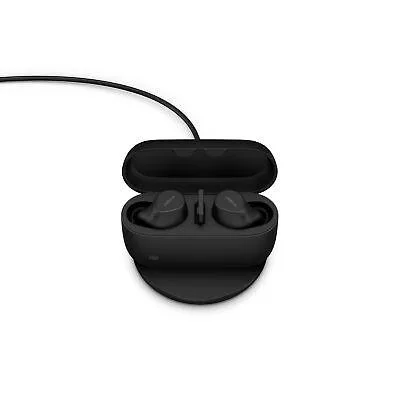 Black true-wireless earbuds with USB-A dongle and wireless charging pad