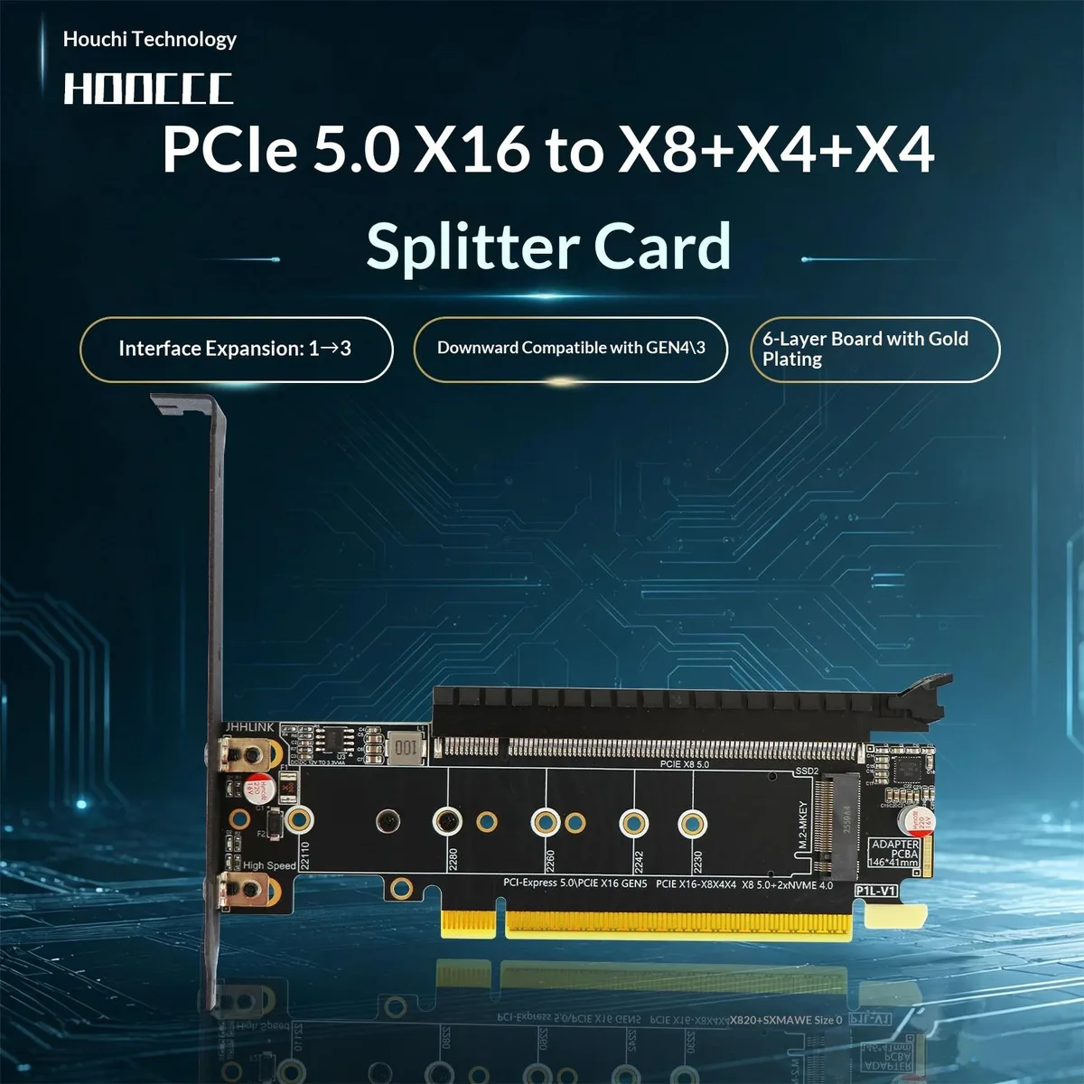 HOOCCC HOOCCC P1L PCIe 5.0 x16 to x8+x4+x4 expansion card — product photo